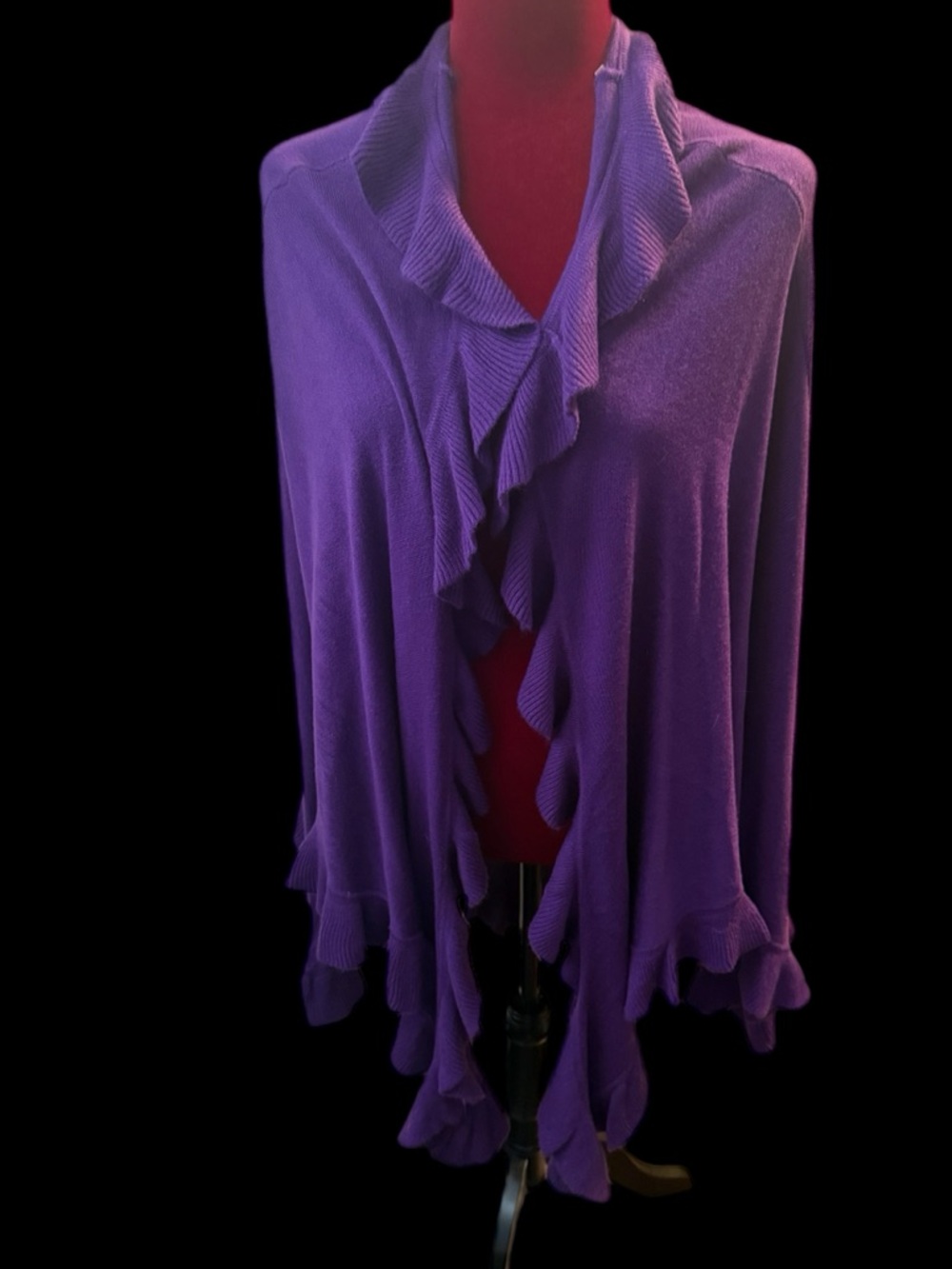 Ruffle-Trim Open-Front Cardigan Shrug in Purple